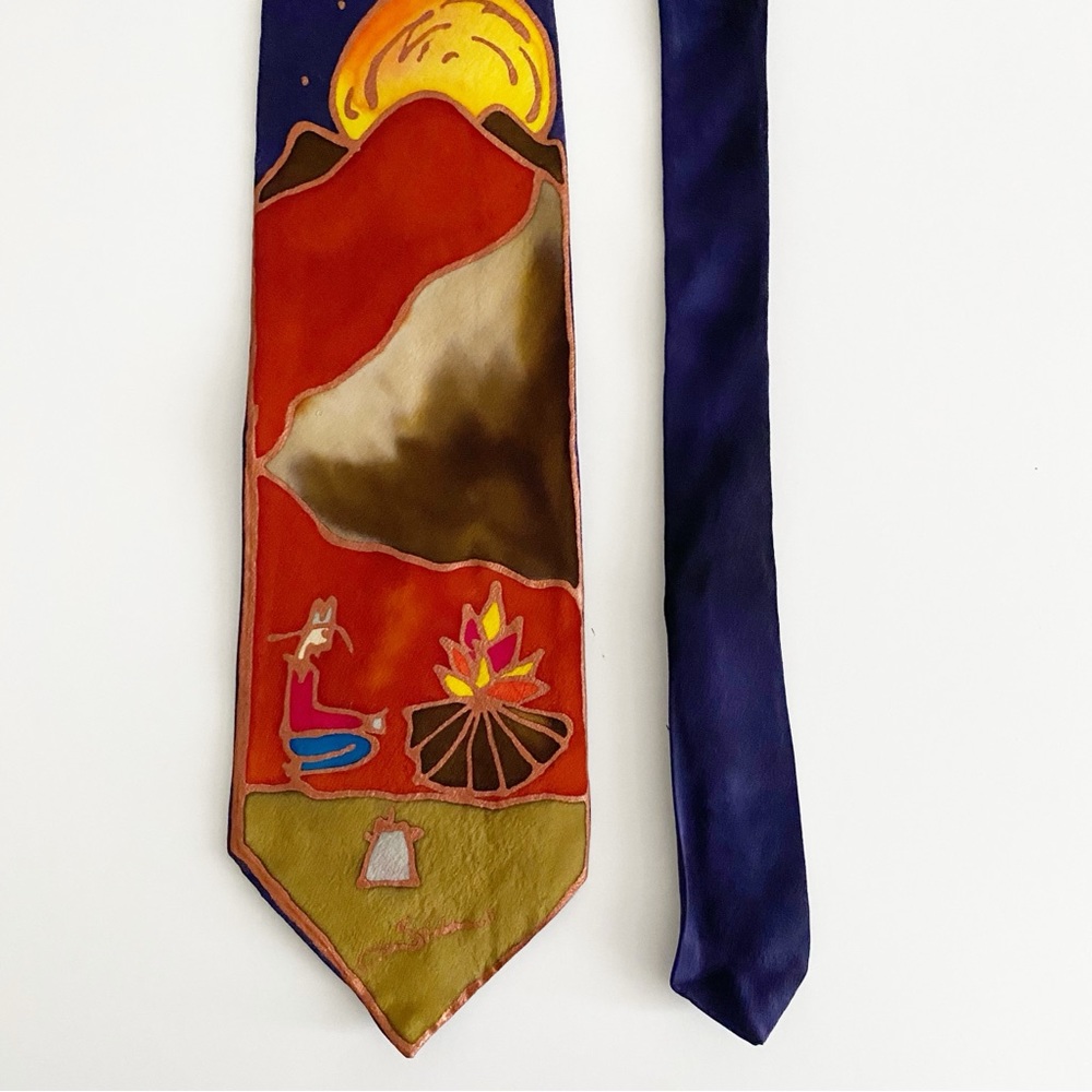 Vintage Hand Painted 100% Silk Southwest Mountain Cowboy at Fire, Signed…